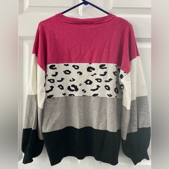 Andree By Unit Colorblock Sweater Animal Print Balloon Sleeve Women's Size L - Picture 2 of 7